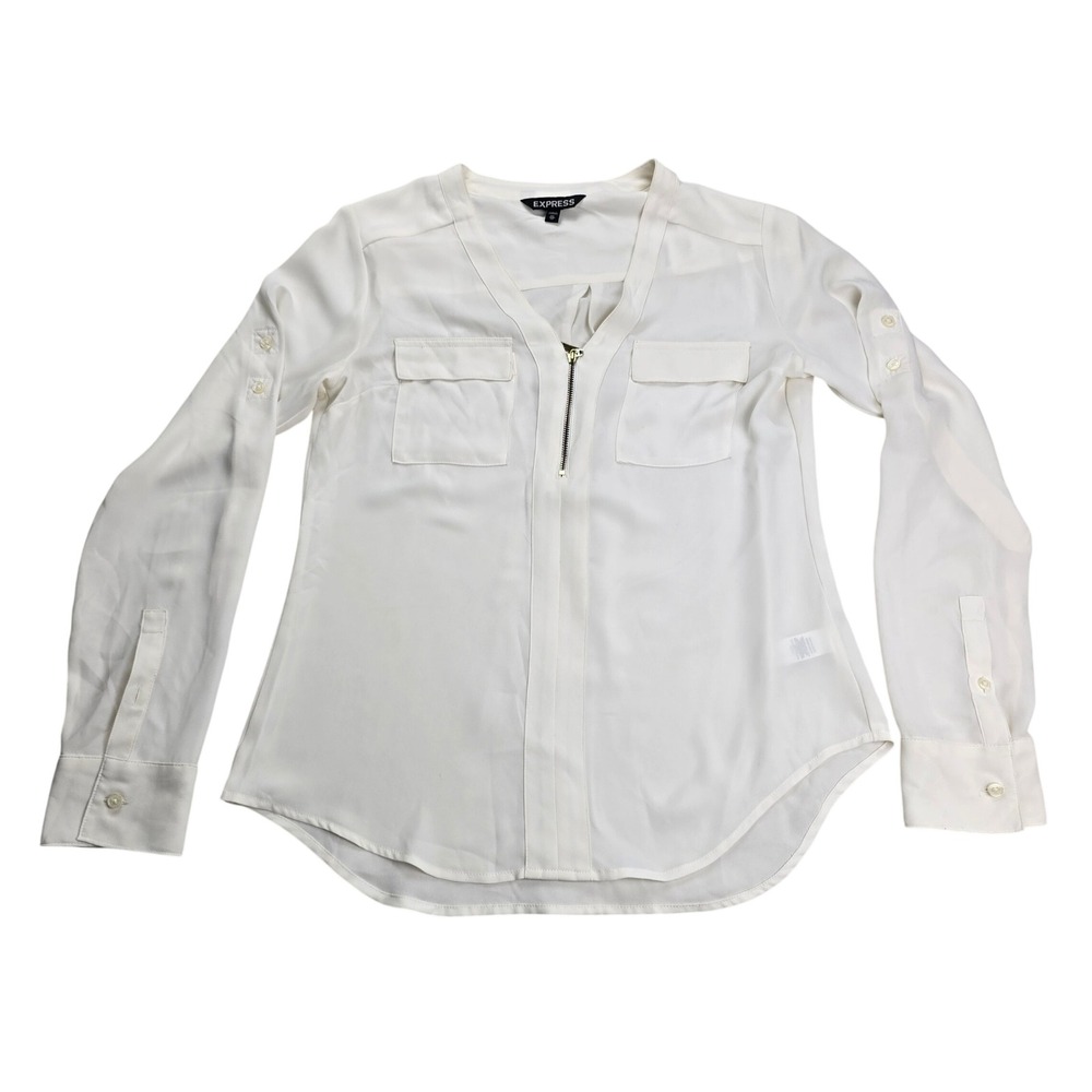 Express Portofino Blouse Women XS Ivory Excellent Half Zip Roll Tab Sleeve